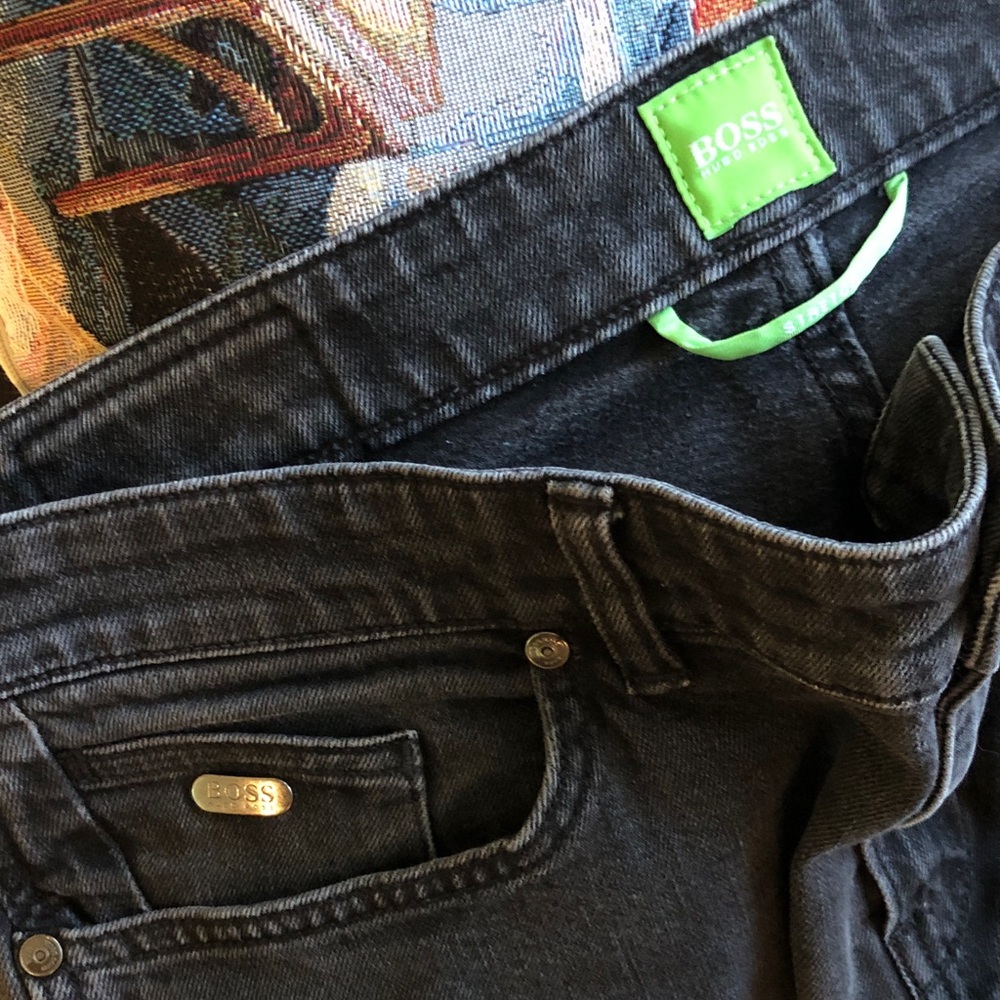BOSS Slim Black Jeans with Green Logo Accents
